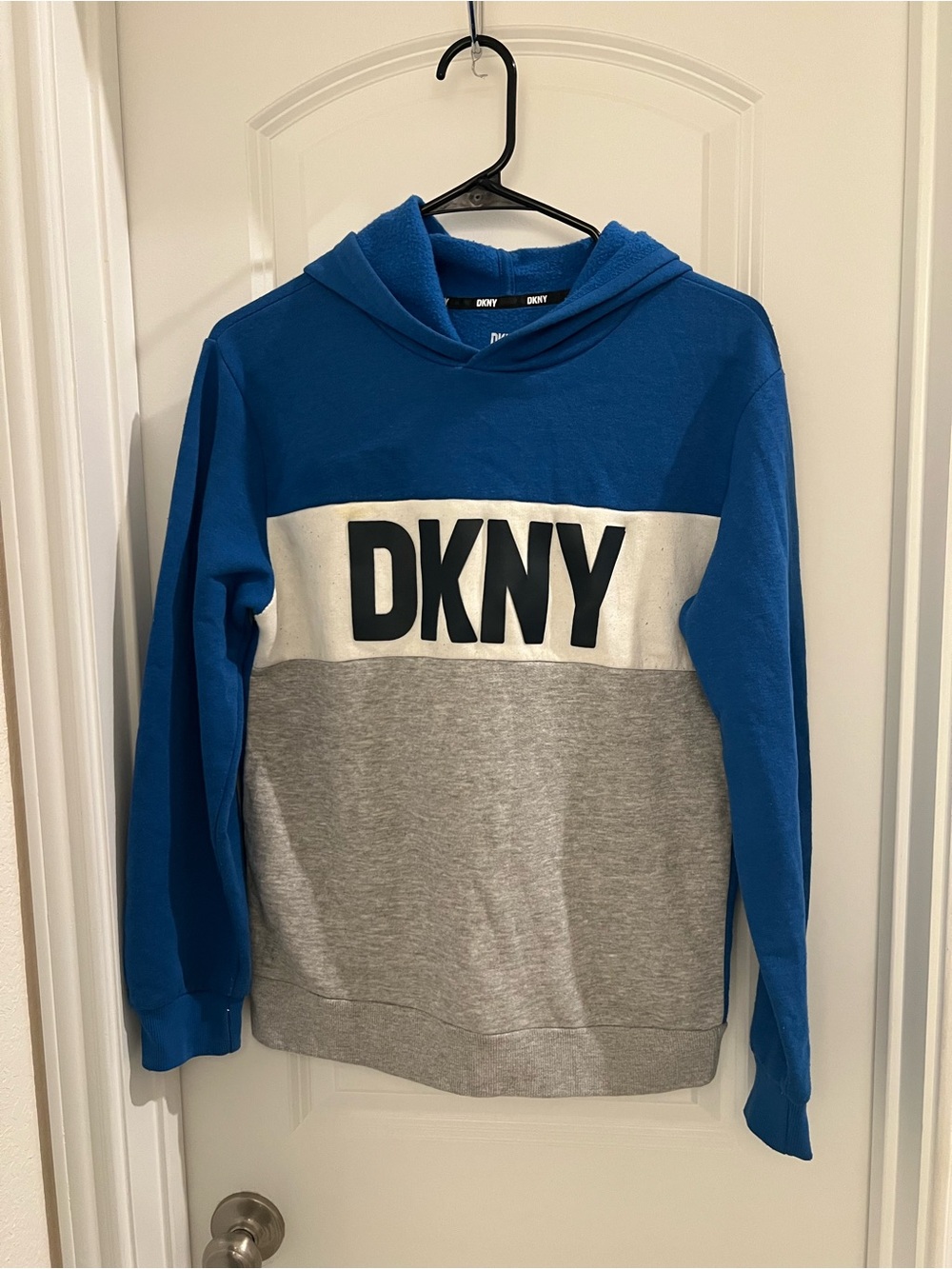 DKNY Blue, Gray & White Colorblock Crewneck Hoodie